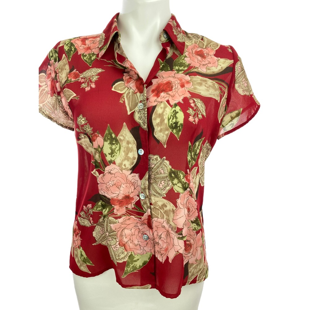 Emma James Blouse size 8P Red w Floral Pink & Green Short Sleeves Button Front